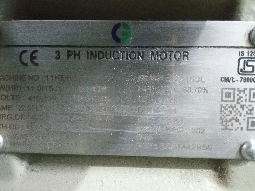 15 HP Crompton Greaves Motor 1440 RPM Three Phase