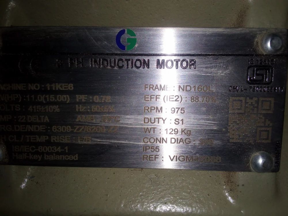15 HP Crompton Greaves Motor 1440 RPM Three Phase